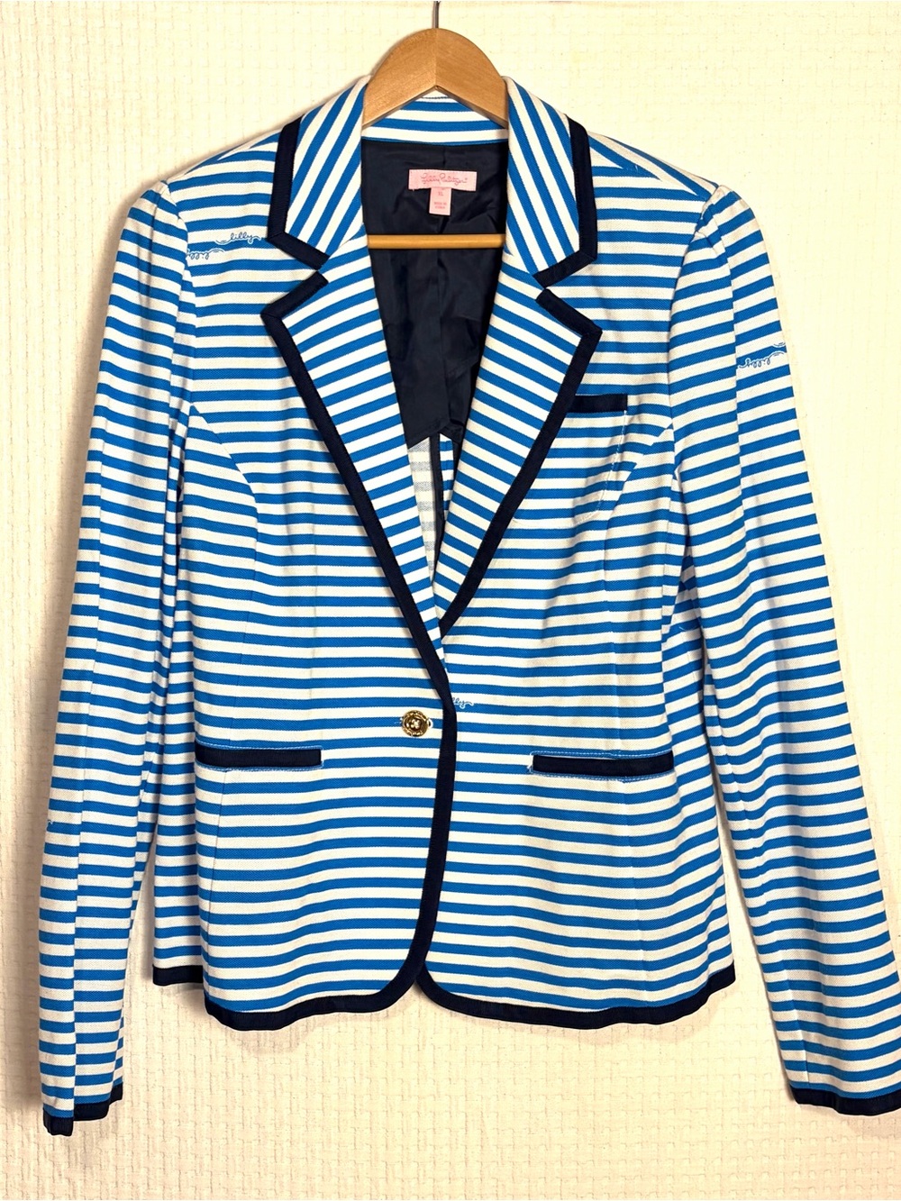 Lilly Pulitzer Malibu Nautical Blue White Stripe Blazer Jacket Peplum Cotton XL